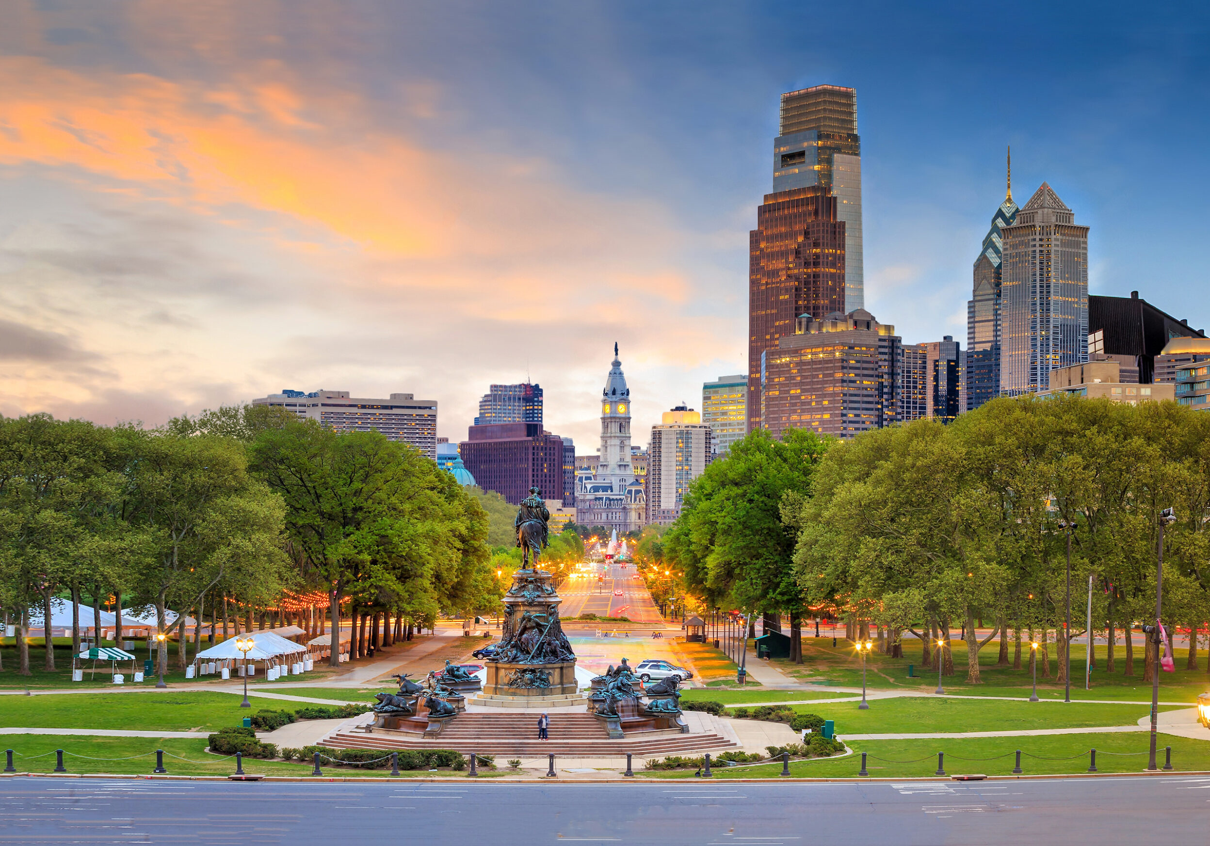 Beautiful philadelphia downtown skyline at sunset USA