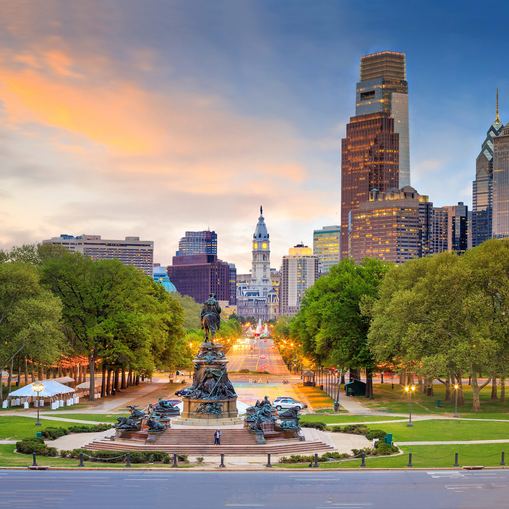 Beautiful philadelphia downtown skyline at sunset USA