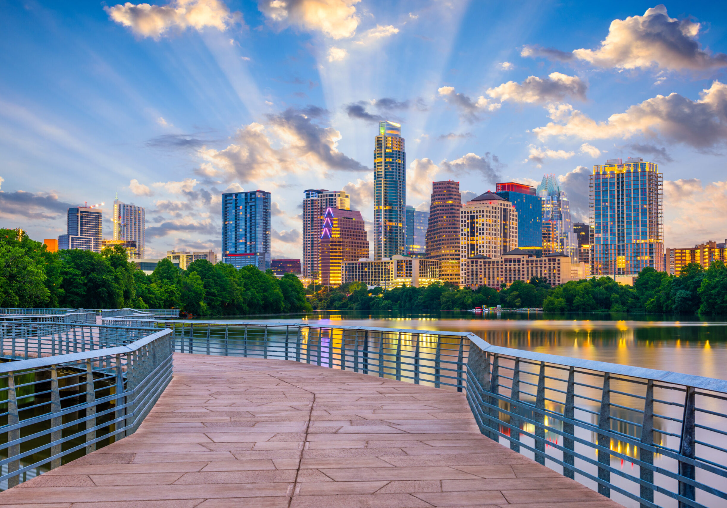 Austin, Texas, USA downtown skyline over the Colorado River.