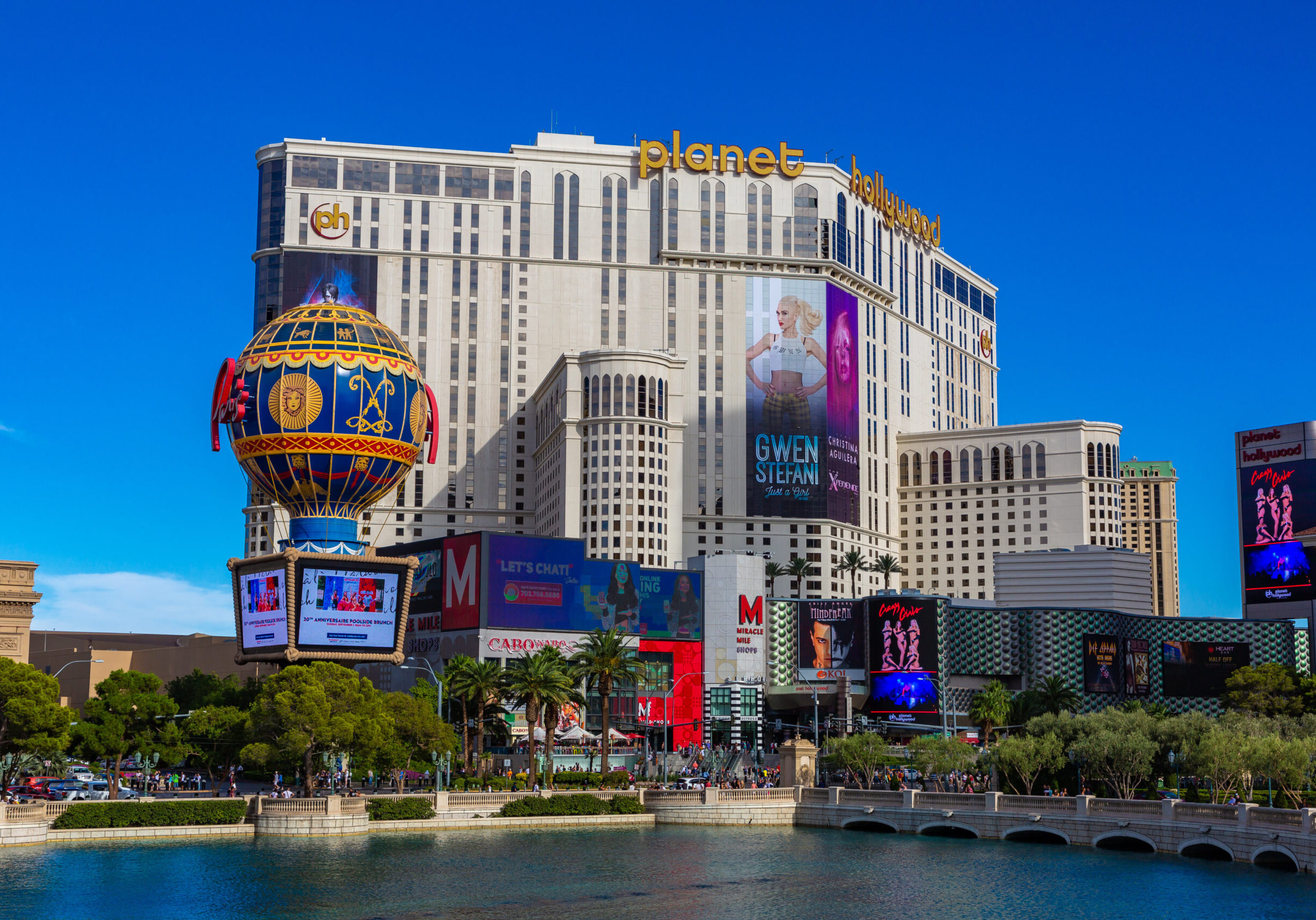 LAS VEGAS, USA - MARCH 29, 2020: Paris Las Vegas hotel and casino and Planet Hollywood Resort and Casino in Las Vegas, Nevada, USA